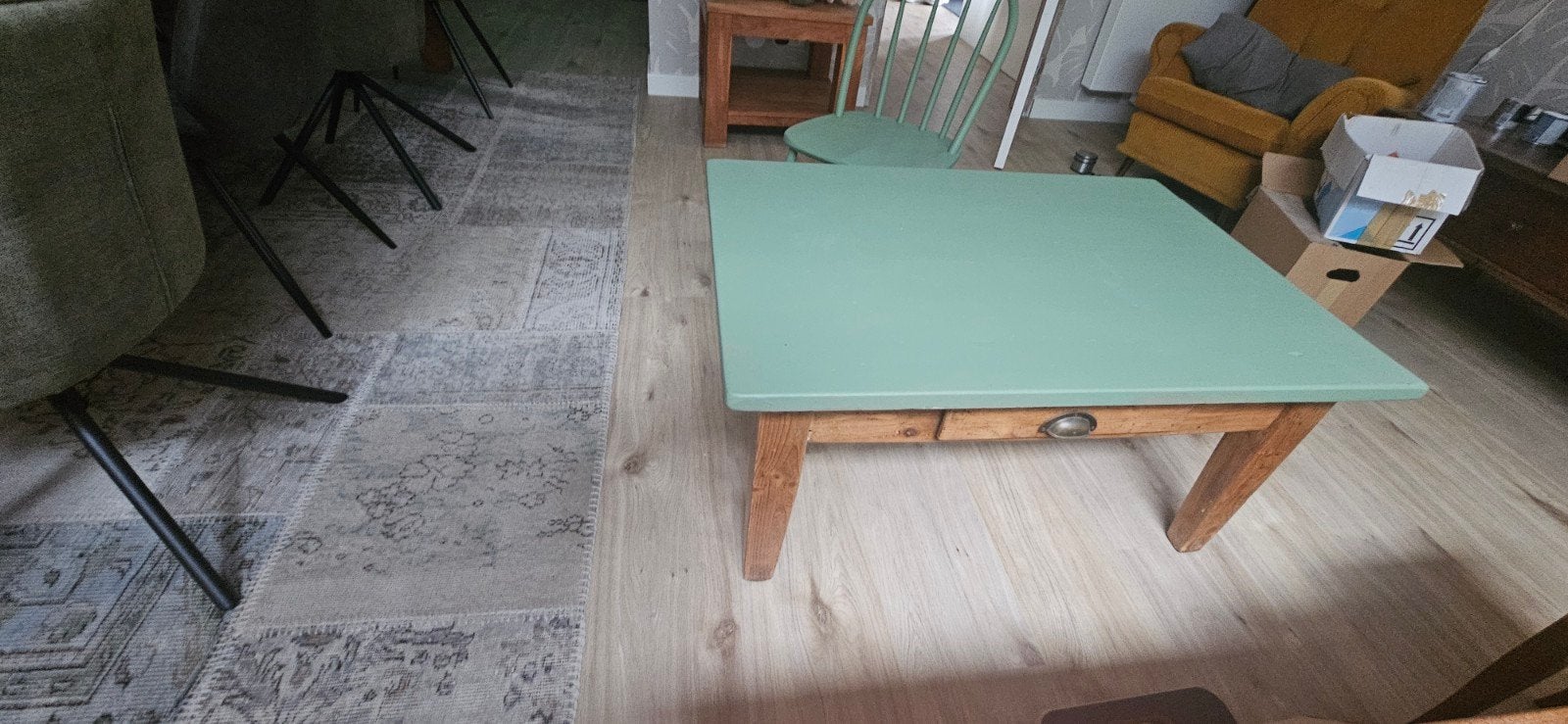 Vintage houten tafel en stoel - Groen geverfd, Ophalen, 50 – 75, Gebruikt, 100 tot 150 cm