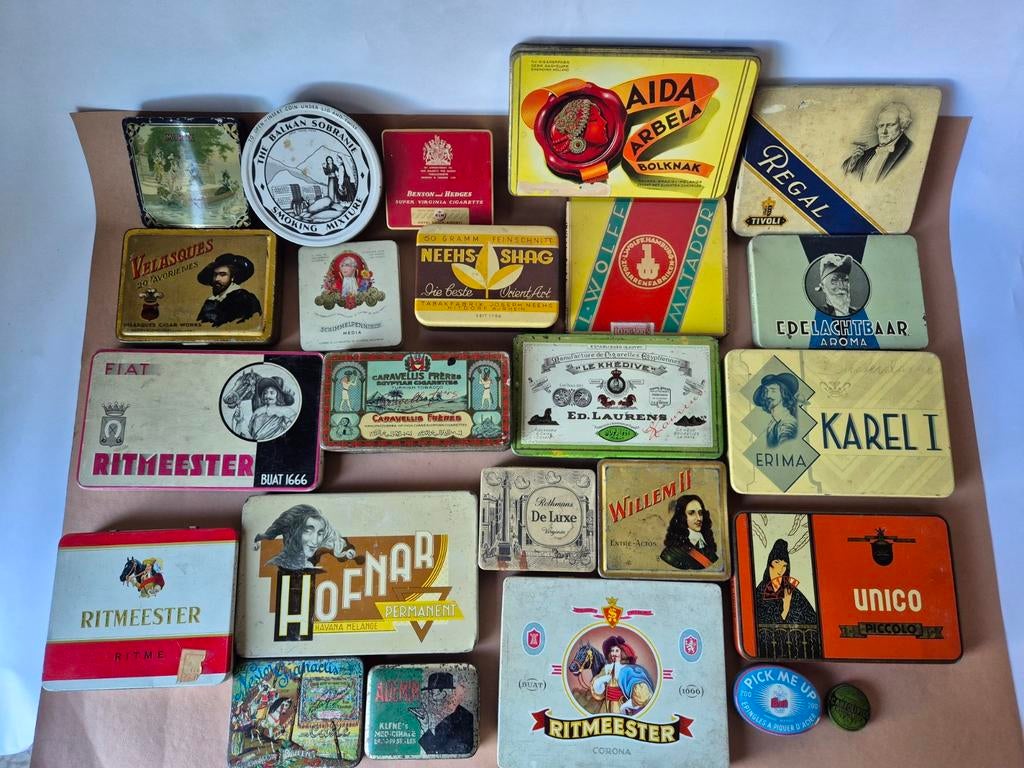 Grote partij vintage reclame blikken / tabaksblikken, Ophalen of Verzenden