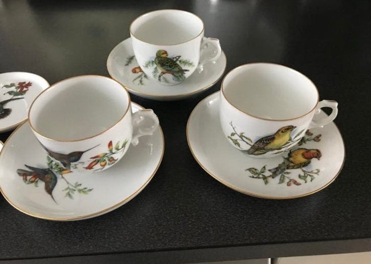 Antieke kop en schotels met vogelmotieven (3 stuks), Nieuw, Ophalen of Verzenden, Overige stijlen, Kop(pen) en/of Schotel(s)