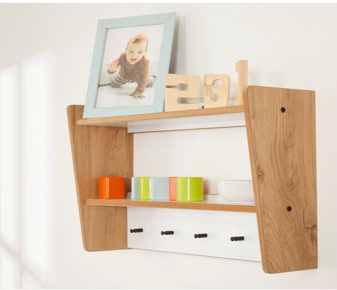 Minera Wand organizer kinderkamer - Houten wandrek met haken, Overige merken, Nieuw, Ophalen of Verzenden, Opbergmeubel
