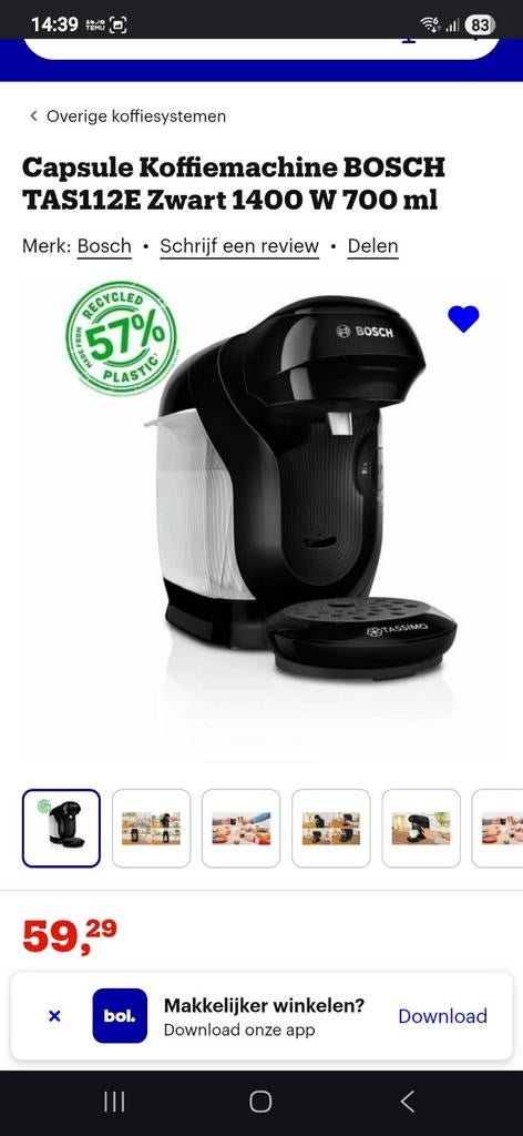Bosch Tassimo koffiezetapparaat met cups en hervulbare pad, Koffiemachine, Ophalen of Verzenden, Zo goed als nieuw, 1 kopje