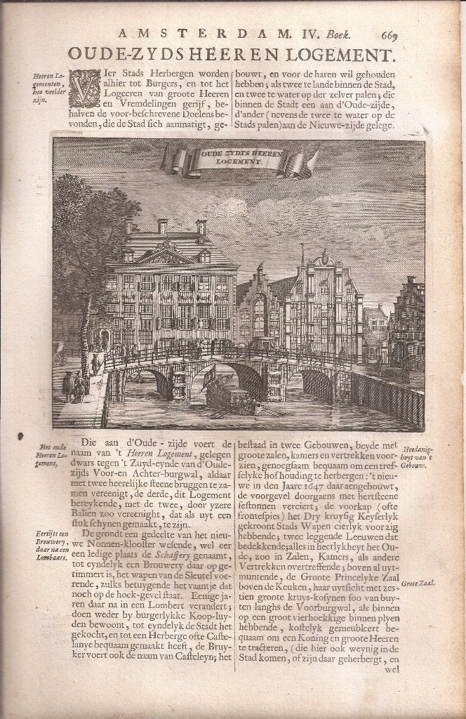 Amsterdam Oude Zydts Heeren Logment Commelin 1693 Kopergr., Antiek en Kunst, Stadsgezicht, Gravure, 12 cm, Met tekst