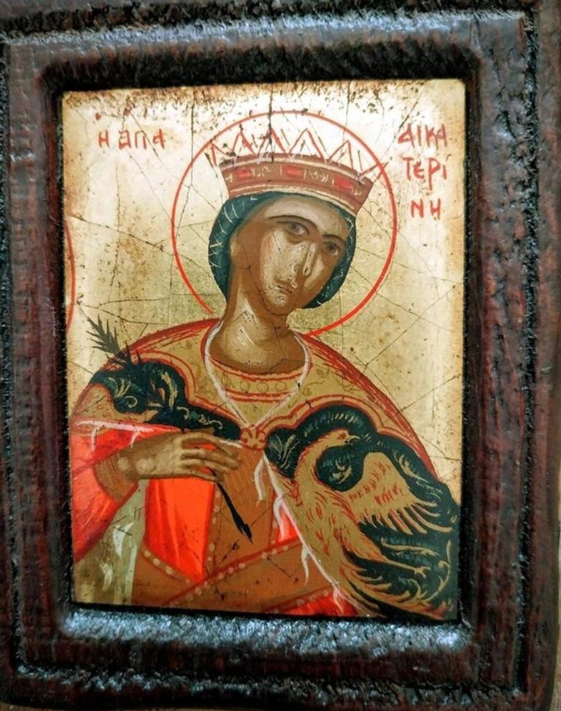 Byzantijnse icoon van de Heilige Catharina, 11 x 8.5 cm, Antiek en Kunst, Antiek | Religie, Ophalen of Verzenden