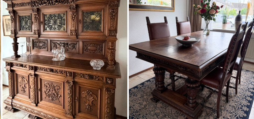 Eiken Dressoir/Buffetkast, Eettafel & 4 Stoelen met leer, Huis en Inrichting, Ophalen, Zo goed als nieuw, Klassiek monumentaal