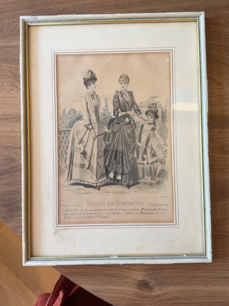 Antieke Franse modeprent Journal des Demoiselles ingelijst, Antiek en Kunst, 1800 - 1899, Mode, Ophalen of Verzenden, Gravure