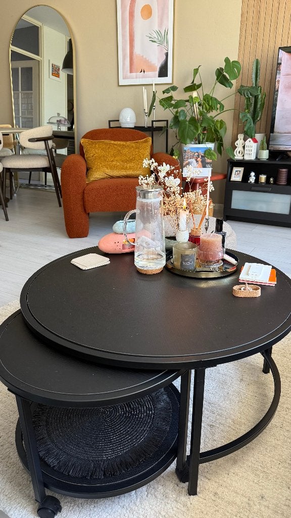 Modern ronde salontafel set van 2 met wieltjes (zwart), Ophalen, 50 tot 100 cm, Rond, 50 tot 100 cm