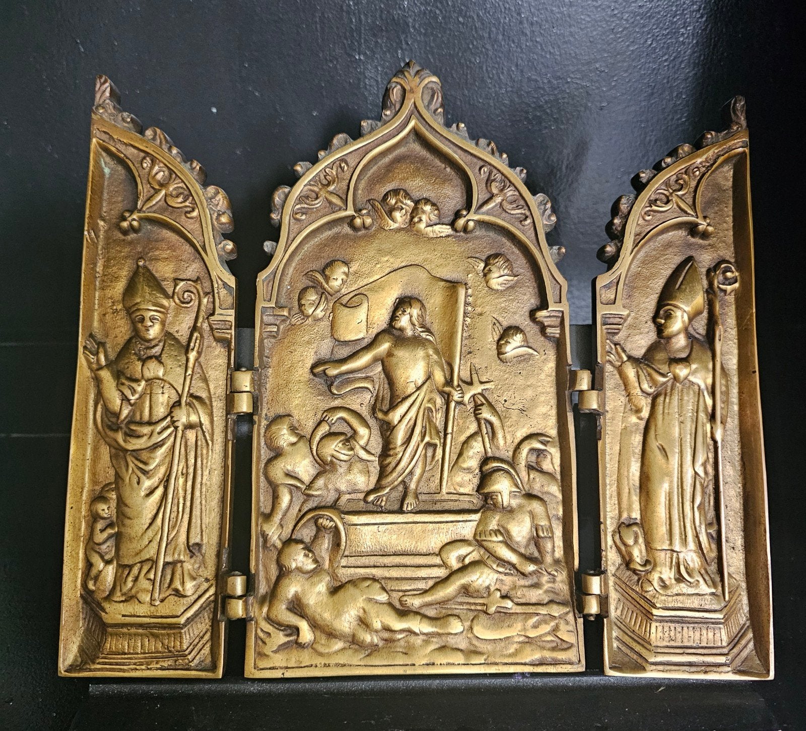 Antiek Bronzen/Messing Drieluik – Neogotisch (ca. 1900), Ophalen of Verzenden