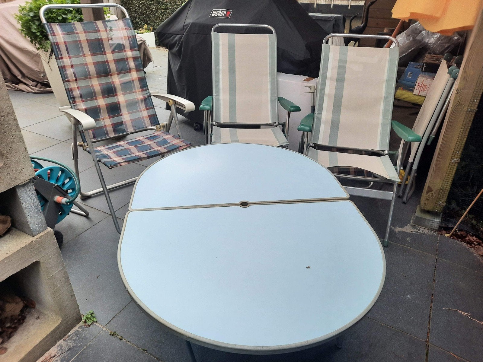 Tuinset met 3 stoelen en inklapbare tafel, Ophalen, Gebruikt, 3 zitplaatsen, Aluminium
