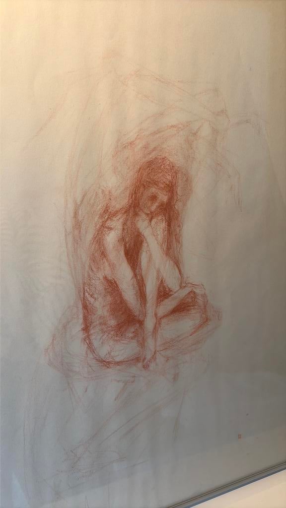 Schilderij vrouw rood ingelijst / krijttekening, Ophalen of Verzenden