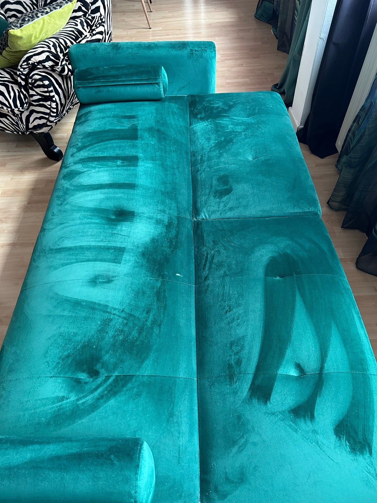 Slaapbank/Bank smaragdgroen velours, Ophalen, Gebruikt, Tweepersoons, 180 cm