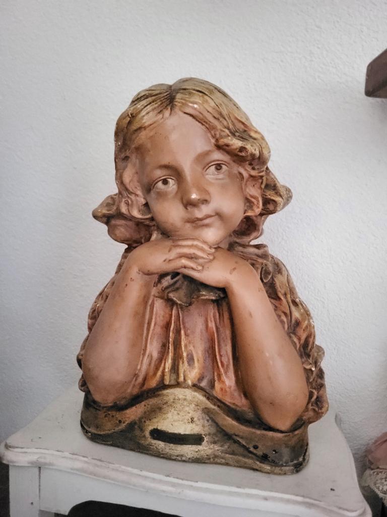 Vintage Buste van Meisje - Klassiek Gipsen Beeld, Gips, Buste, Ophalen of Verzenden, Gepatineerd