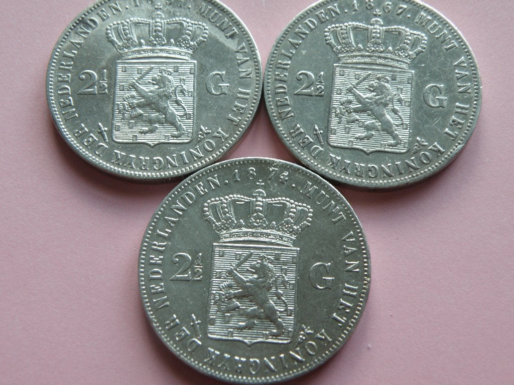 Nederland 3 x Rijksd. zilver W III 1851,1867,1874, Koning Willem III, Zilver, 2½ gulden, Verzenden