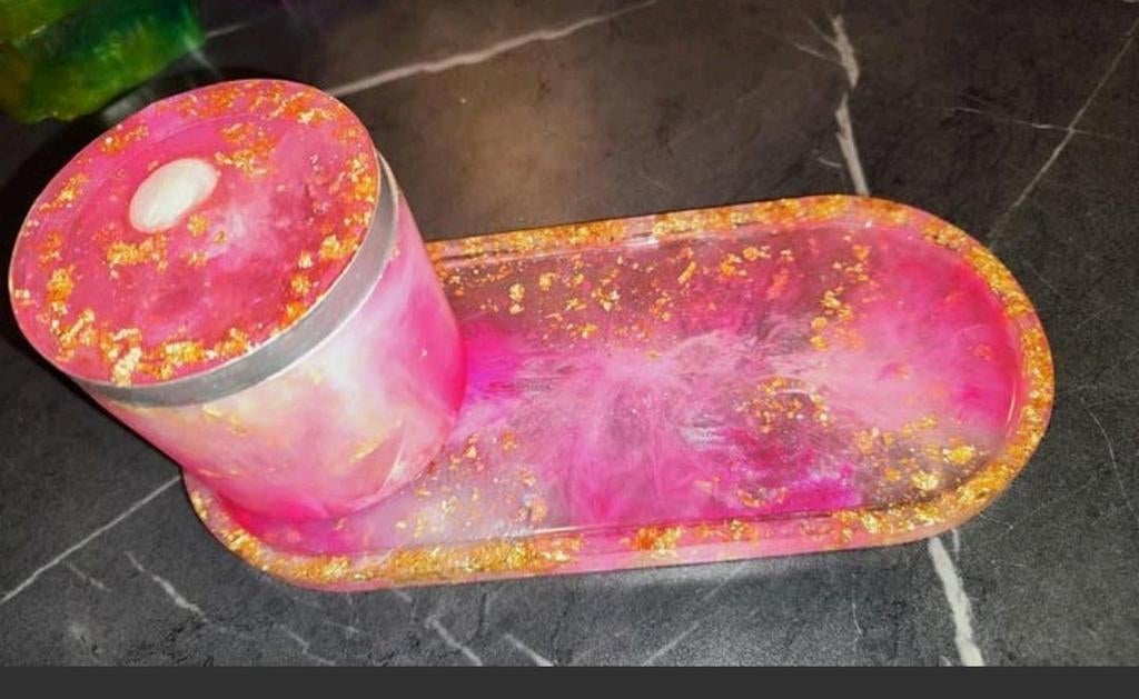 Roze - Wit dienblad en doosje, met goudfolie uit Epoxy, Overige materialen, Nieuw, Roze, Ophalen of Verzenden