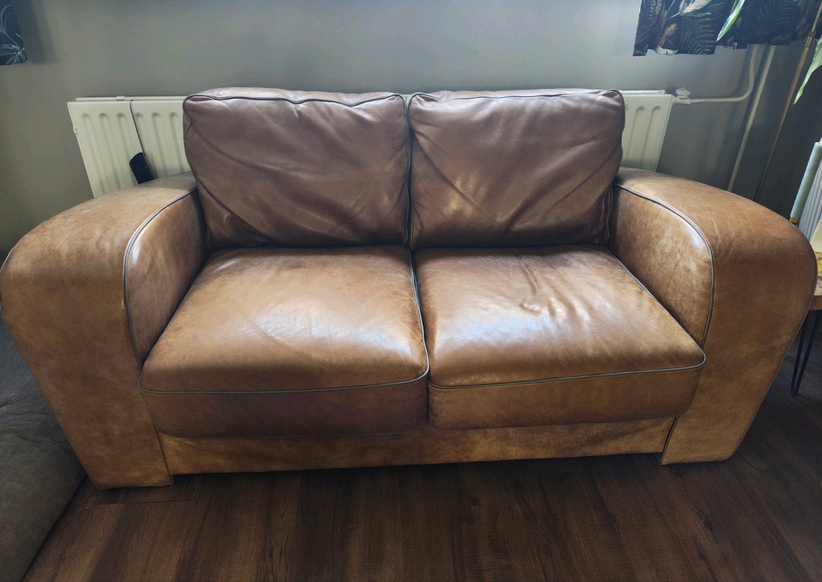 Cognac leren tweezits-bank, Ophalen, Gebruikt, 150 tot 200 cm, Tweepersoons