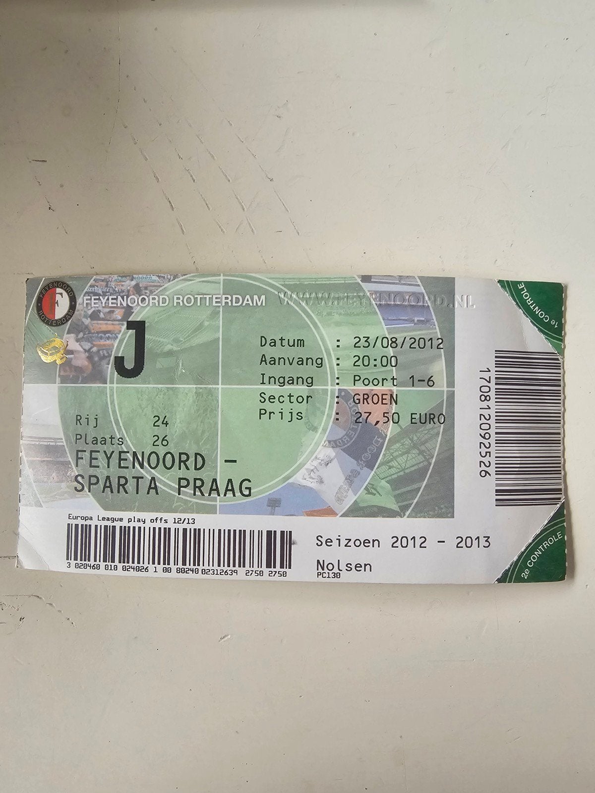 kaartje feyenoord-sparta praag 23-08-2012, Ophalen of Verzenden, Feyenoord, Poster, Plaatje of Sticker