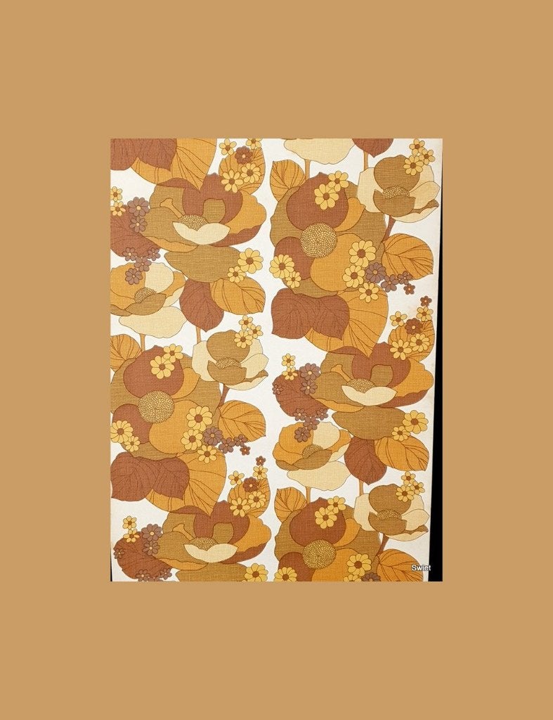 4170 flowerpower behang geel bruin retro jaren 70 swiet, Verzenden, Geel