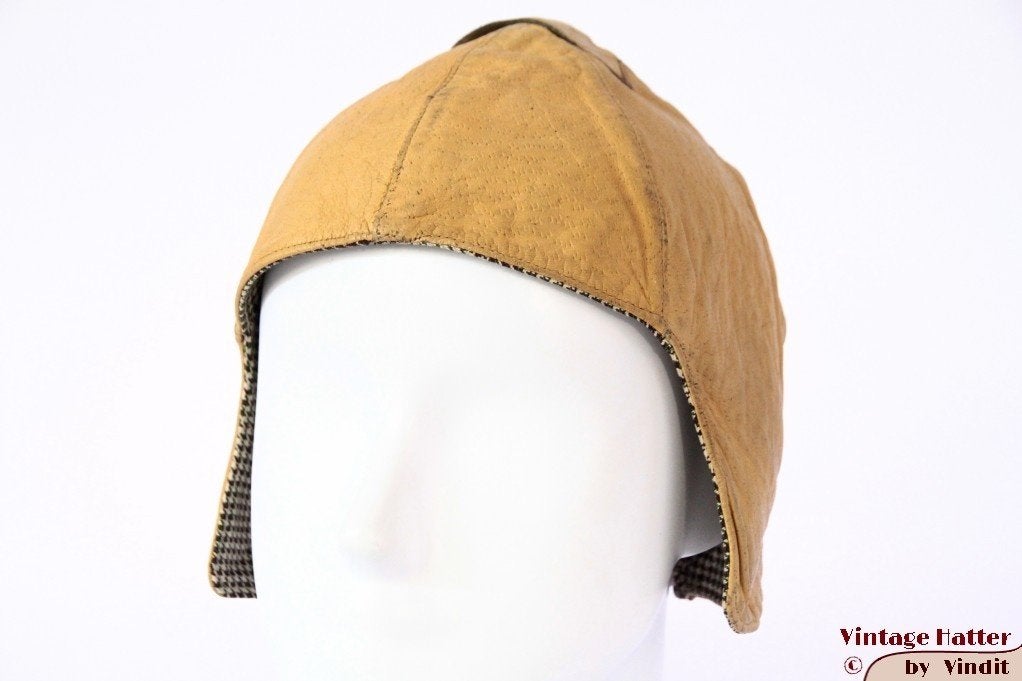 Vintage cabrio- pilotenmuts caramel beige geel leer 54-56, Kinderen en Baby's, 134 t/m 140, Gebruikt, Jongen of Meisje, Ophalen of Verzenden