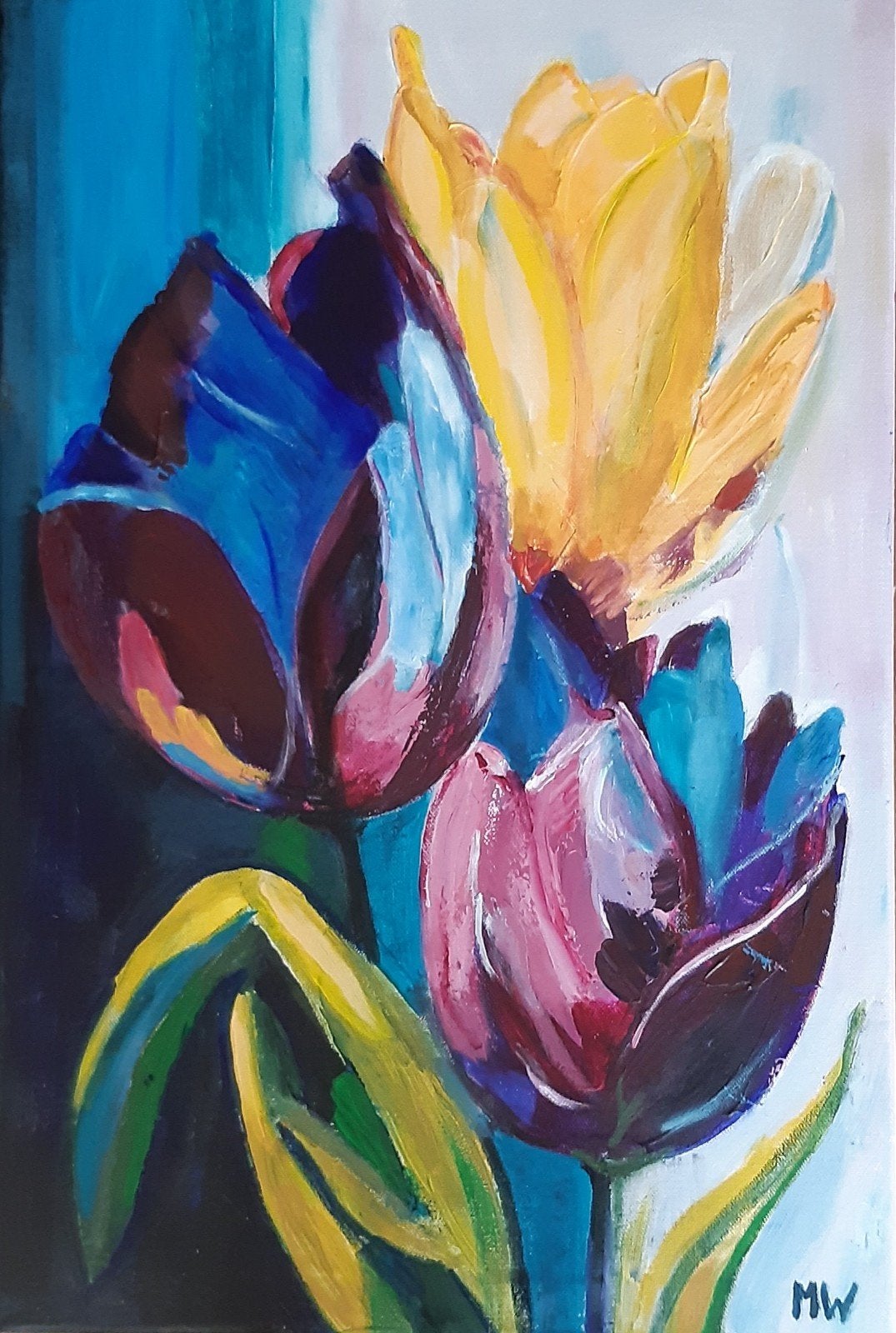 Kleurrijk Abstract 60 -40 Tulpen Schilderij - Dik Opgebracht, Ophalen of Verzenden