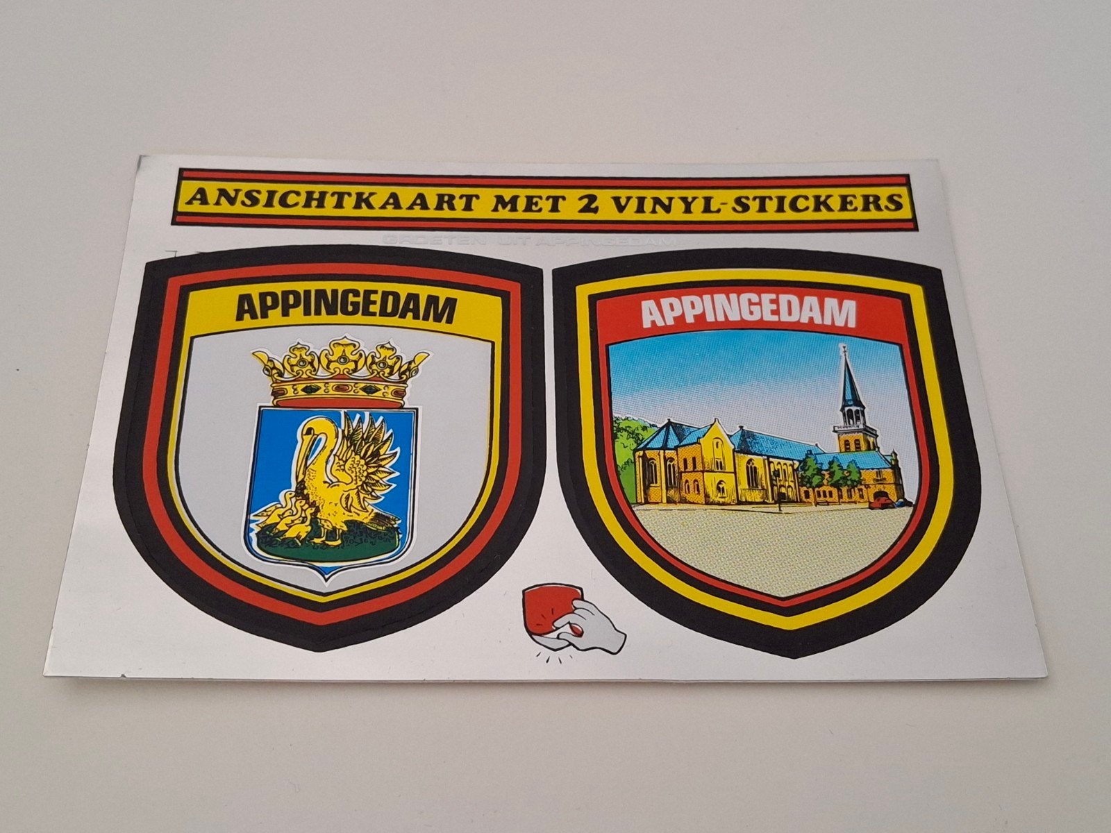 Appingedam ansichtkaart met 2 vinyl stickers, Ophalen of Verzenden, 1980 tot heden, Ongelopen, Groningen