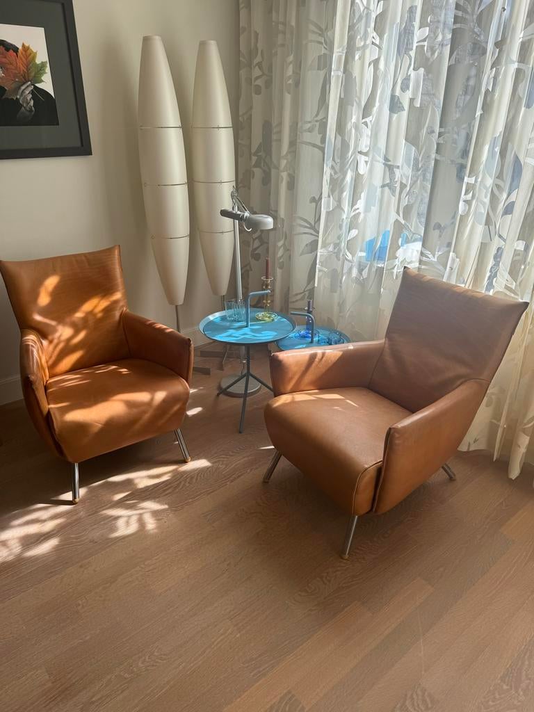 2x Label Cheo fauteuils - Gerard van den Berg - Cognac leer, Ophalen, Gebruikt, Modern, 50 tot 75 cm
