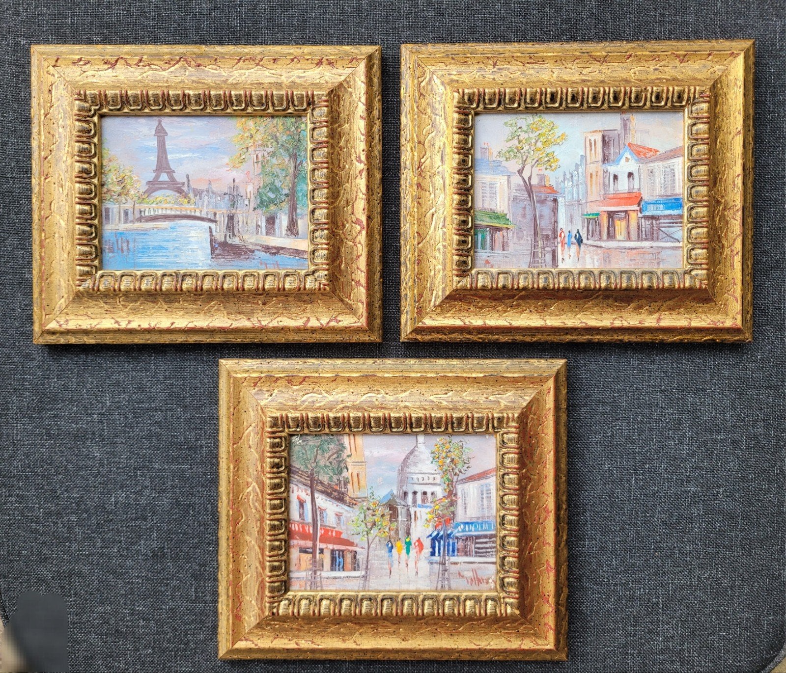 3 Schilderstukjes 'Parijs' in gave lijstjes gesigneerd 18x21, Paneel, Impressionistisch, Ophalen of Verzenden, Bijzondere lijst