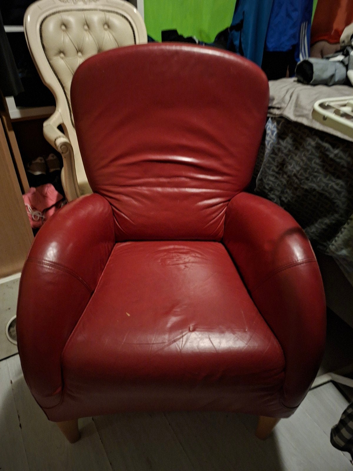 Comfortabele rode leren fauteuil, Ophalen, Gebruikt, 75 tot 100 cm, Leer