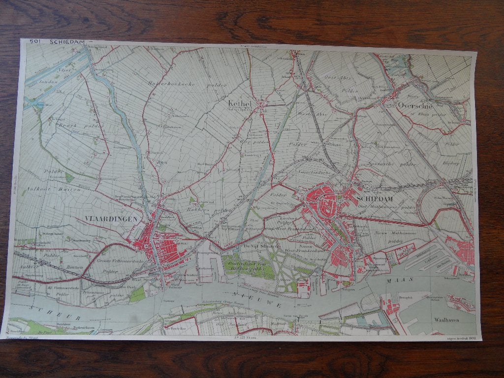 vlaardingen  schiedam  kethel  stafkaart 1890?  41x26cm, Ophalen of Verzenden