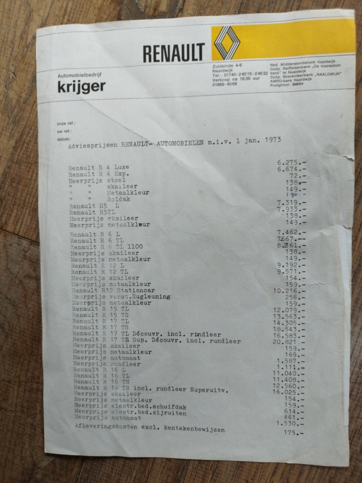 Renault prijslijst 1973 - Origineel, 2 pagina's, Gelezen, Renault, Ophalen of Verzenden, Renault