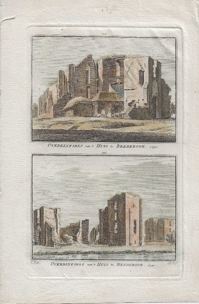 Overblyfsels van 't Huis te Brederode 1740 2x Gekleurd Spilm, Ophalen of Verzenden, Gravure, 15 cm, 10 cm