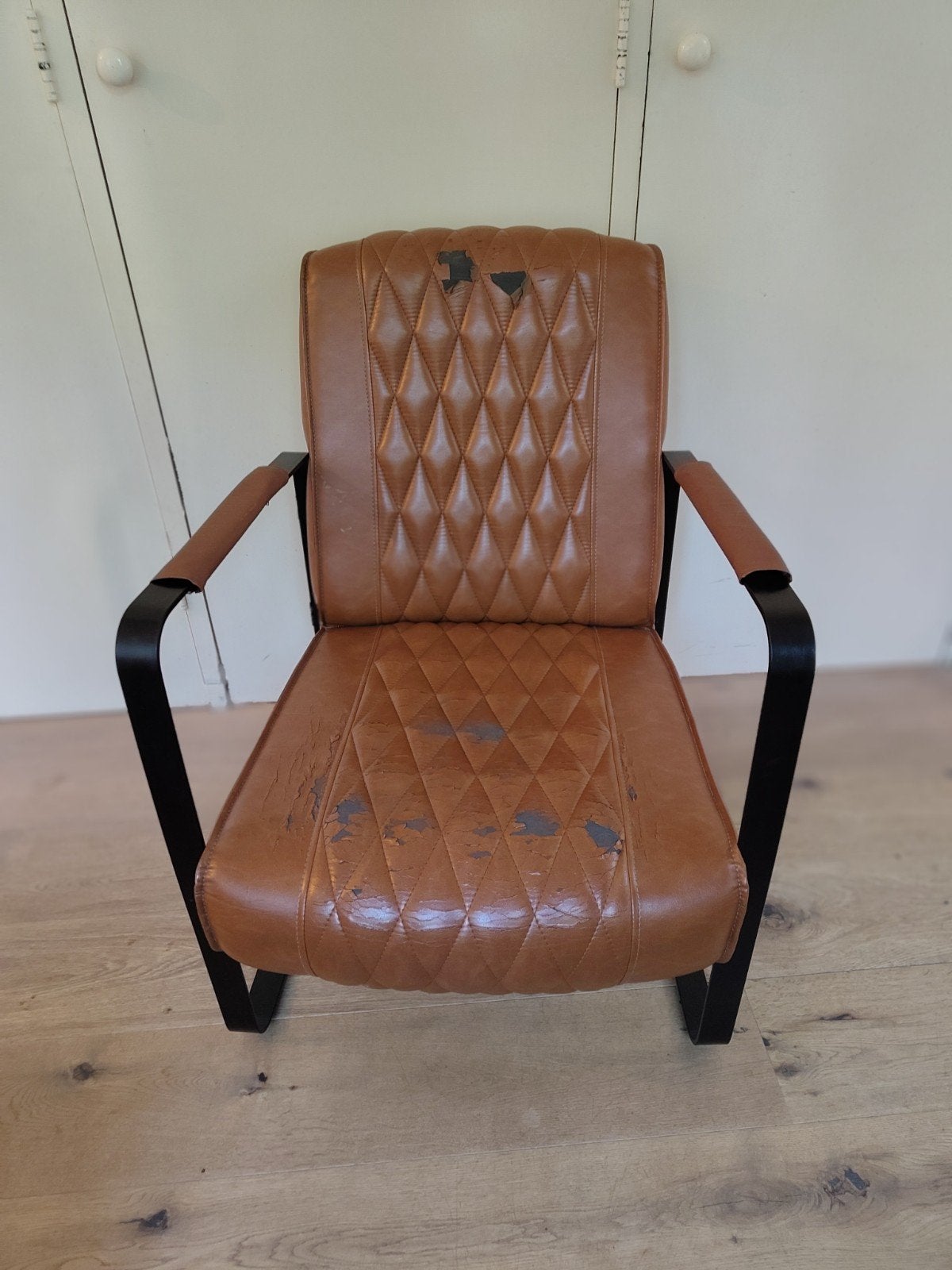 Industriële fauteuil cognac-kleur, Ophalen, Gebruikt, Bruin, Vintage, Industrieel