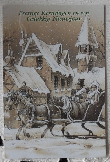 Oude Kerstkaart met winters landschap en paardenslee., Ophalen of Verzenden, 1980 tot heden, Gelopen, Feest(dag)