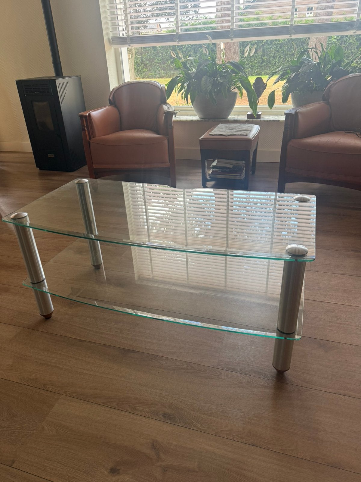 Glazen tv meubel, Huis en Inrichting, Tafels | Salontafels, Ophalen, Zo goed als nieuw, Rechthoekig, 100 tot 150 cm