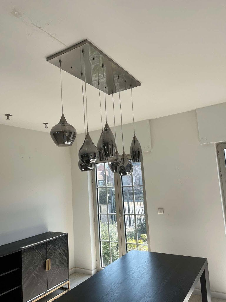 Moderne hanglamp / 8 gerookt/smoke glazen bollen, Ophalen of Verzenden, Gebruikt, Glas
