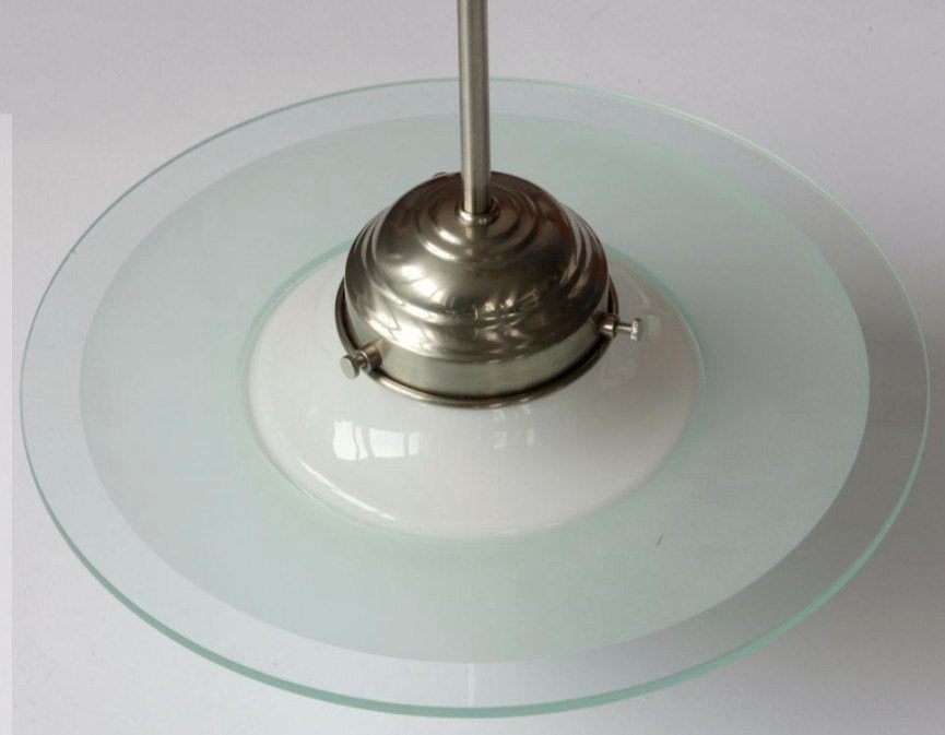 Originele Gispen/Giso Saturnus Art Deco lamp, Gebruikt, Glas, Hanglamp, Ophalen of Verzenden