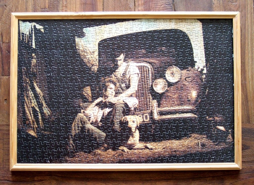 Uniek Puzzel Schilderij: Man, Vrouw en Hond ( Jola ), Minder dan 50 cm, Ophalen of Verzenden, Zo goed als nieuw, Schilderij