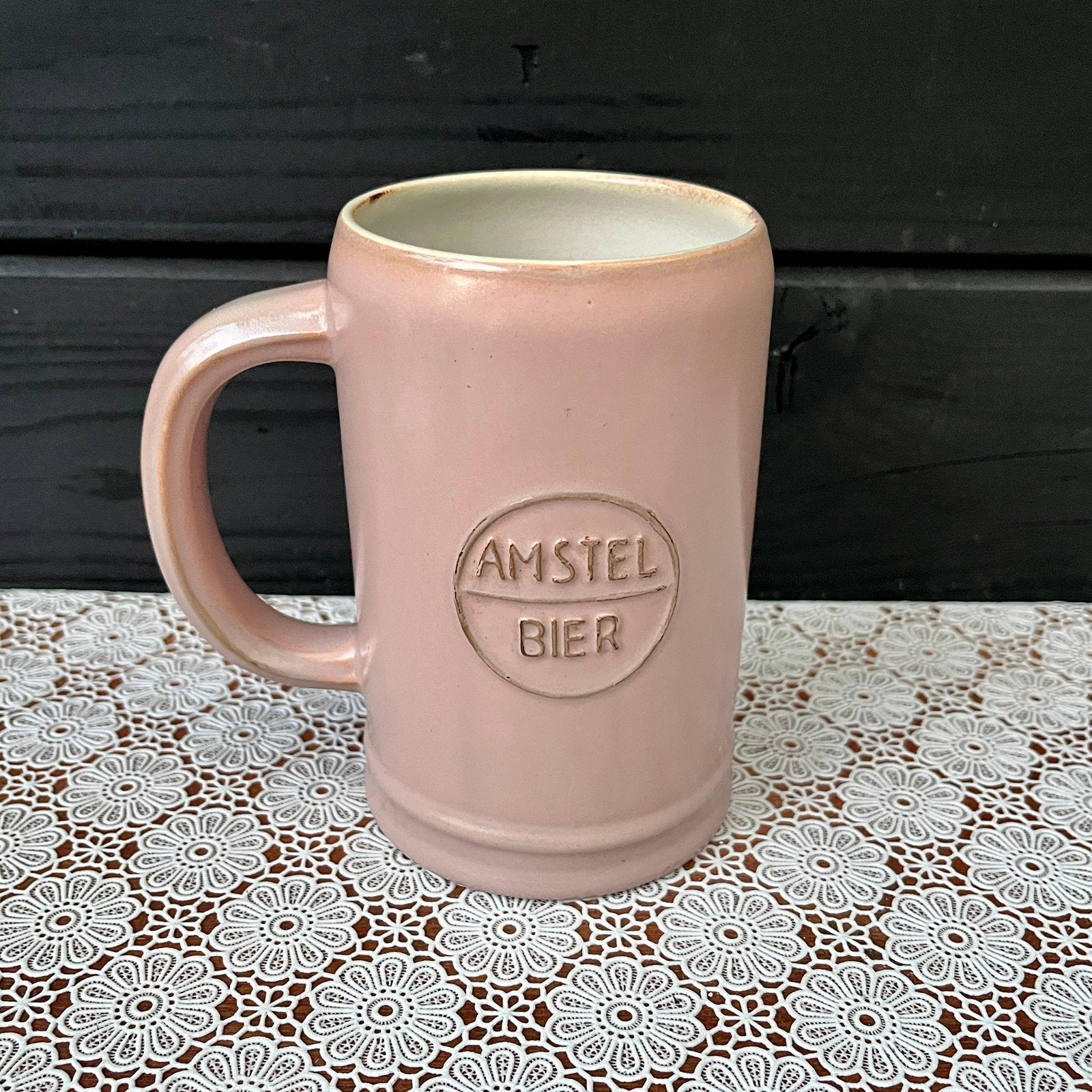 Vintage, oud roze Amstel Bier bierpul van keramiek, Verzamelen, Biermerken, Ophalen of Verzenden, Zo goed als nieuw, Pul(len)