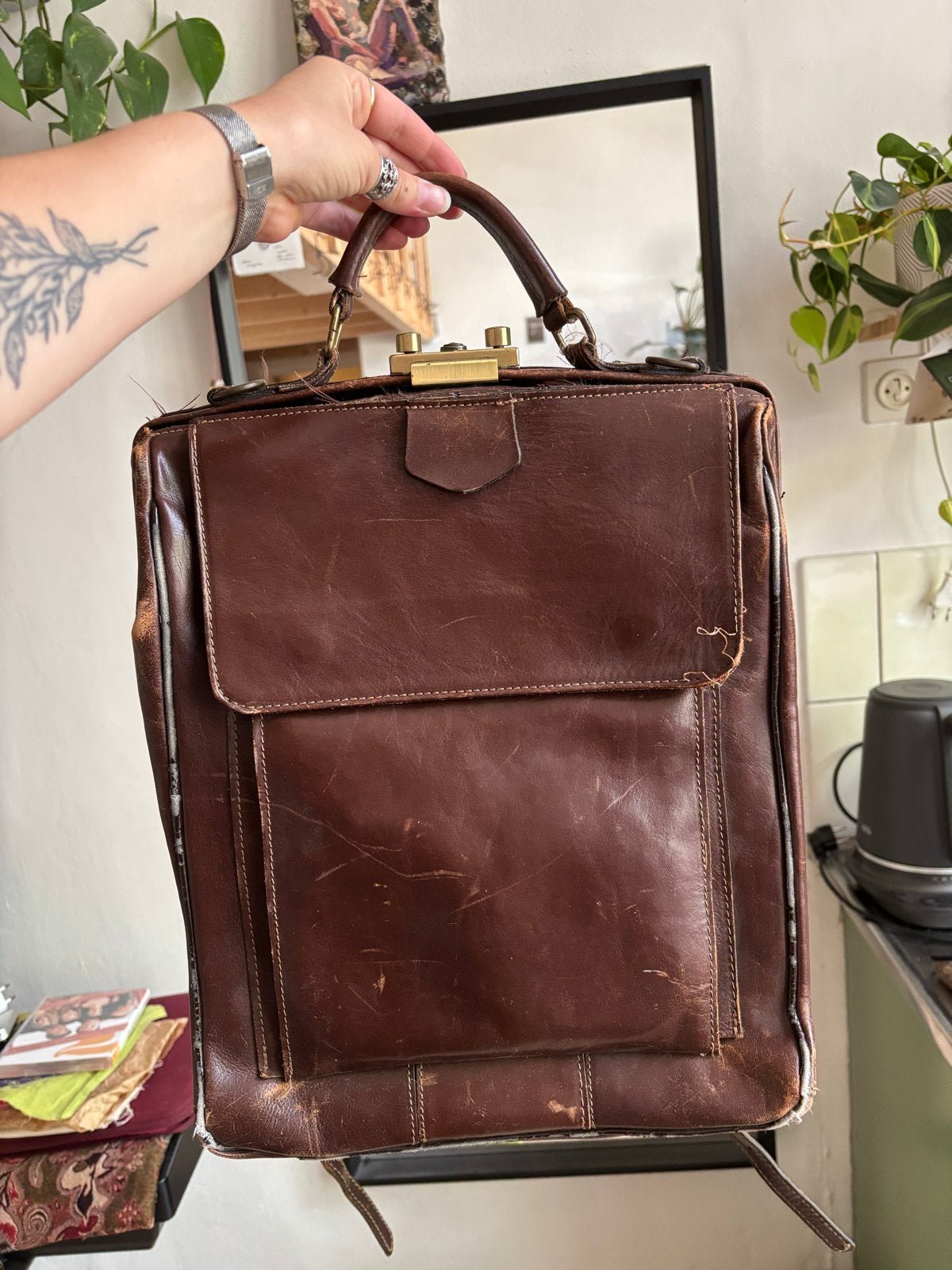 Set vintage leren bruine rugzak, Ophalen, Gebruikt, Overige merken