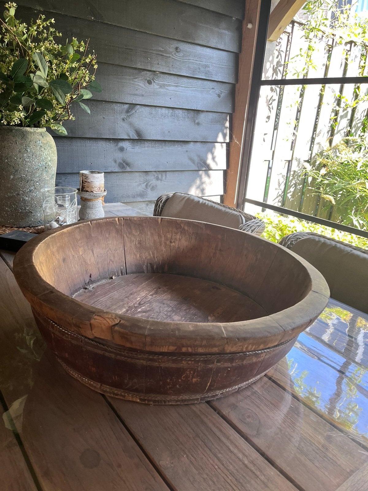 Grote houten olijfbak, Ophalen, Zo goed als nieuw, Rond, Hout