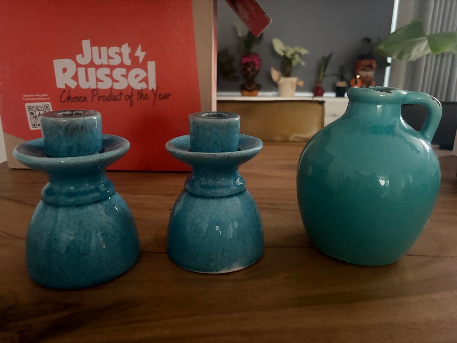 Brynxz kaarsen kandelaars en vaasje in turquoise, Gebruikt, Brynxz, Blauw, Ophalen of Verzenden