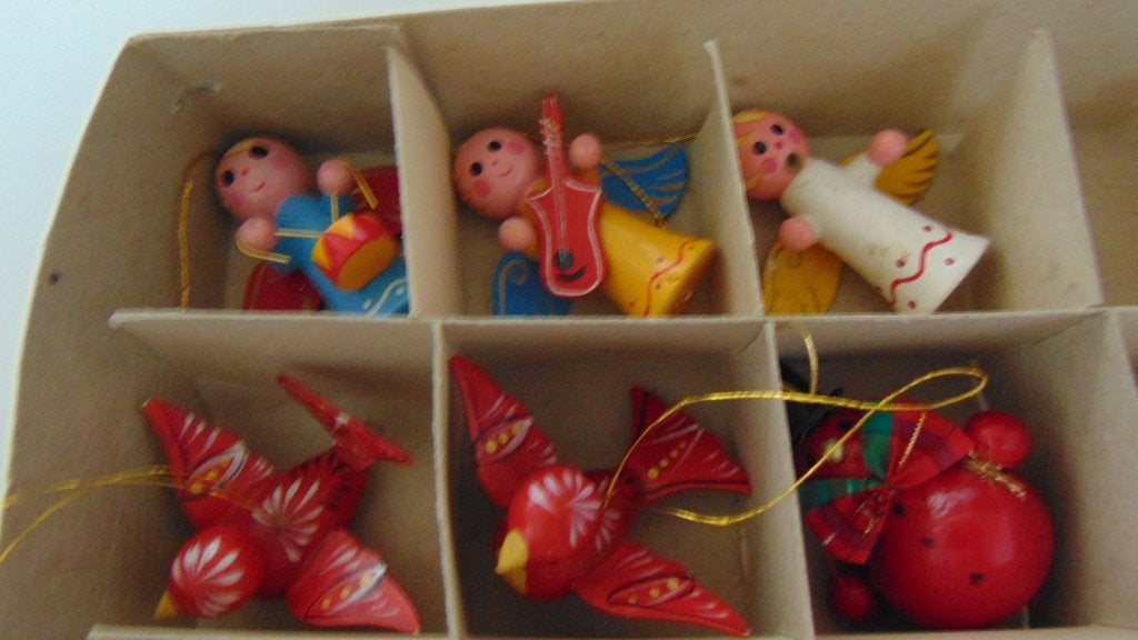 6 houten vintage kerst engeltjes vogeltjes sneeuwman, Ophalen of Verzenden, Gebruikt