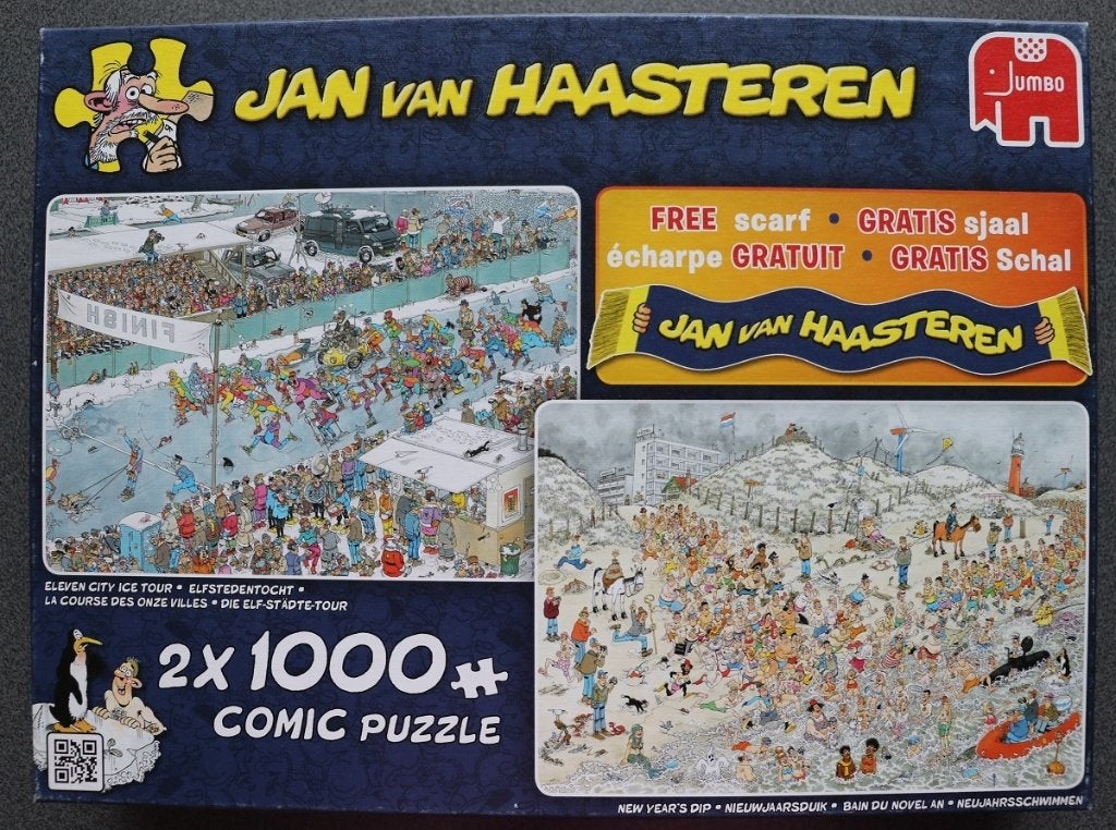Jan van Haasteren 2 x 1000: Elfstedentocht / Nieuwjaarsduik, Ophalen of Verzenden, 500 t/m 1500 stukjes, Gebruikt, Legpuzzel