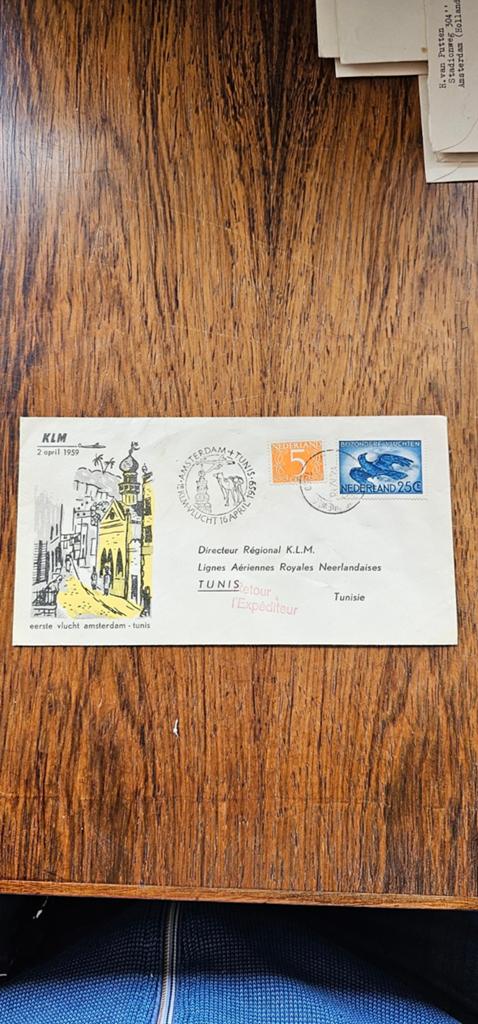 KLM Envelop 1e vlucht Amsterdam/Tunis 1959, Verzamelen, Verzenden, 1940 tot 1960, Gelopen