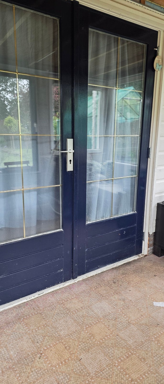 Dubbele Buitendeuren met Glas en Goudkleurige Roeden, 100 tot 120 cm, Gebruikt, Ophalen of Verzenden, Buitendeur