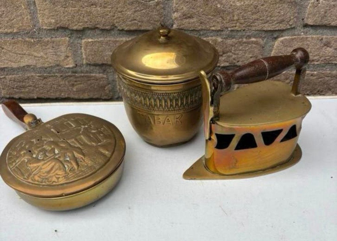 Vintage diverse koperen Pannetje, tabakspot en strijkbout, Ophalen of Verzenden