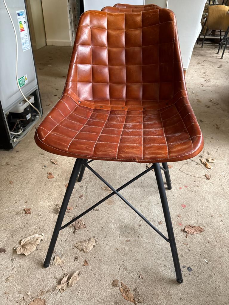 Set van 4 bruine leren eetkamerstoelen, Huis en Inrichting, Stoelen, Gebruikt, Bruin, Leer, Ophalen of Verzenden