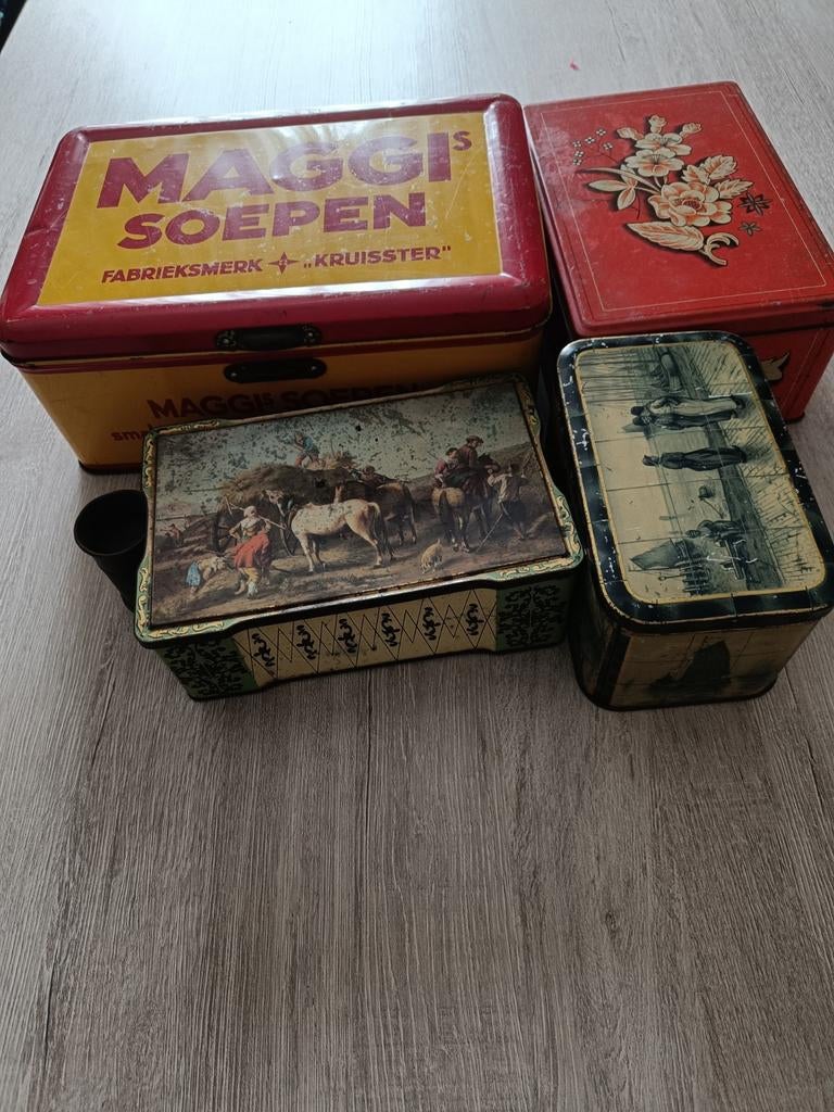 Vintage blikken: Maggi, bloemen, landschap, diverse, Verzamelen, Blikken, Ophalen, Gebruikt, Overige, Overige merken