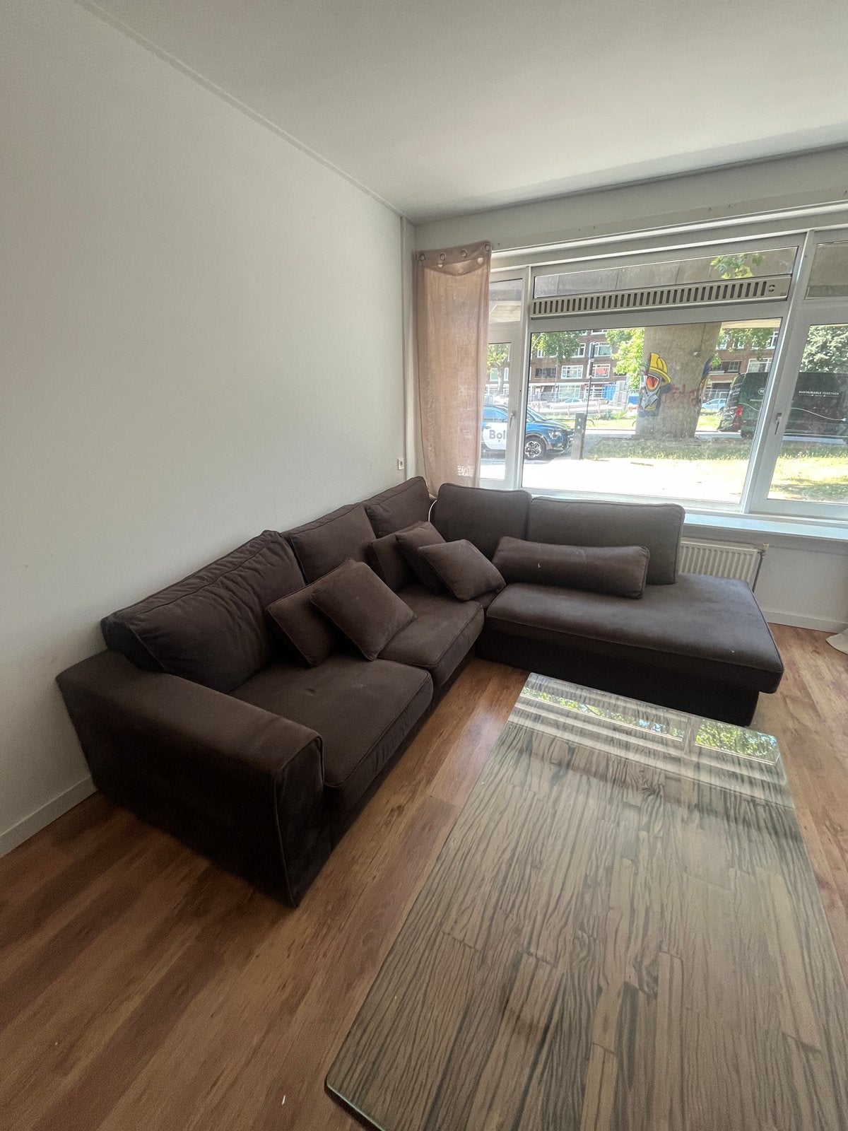 Bruine hoekbank met chaise longue, Ophalen, 250 tot 300 cm, Gebruikt, Hoekbank
