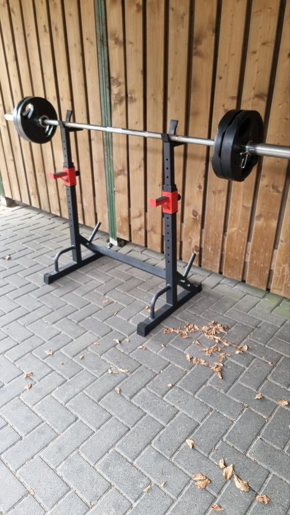 Rack met Olympische halter plus gewichten, Sport en Fitness, Fitnessmaterialen, Ophalen, Zo goed als nieuw, Fitnessbank
