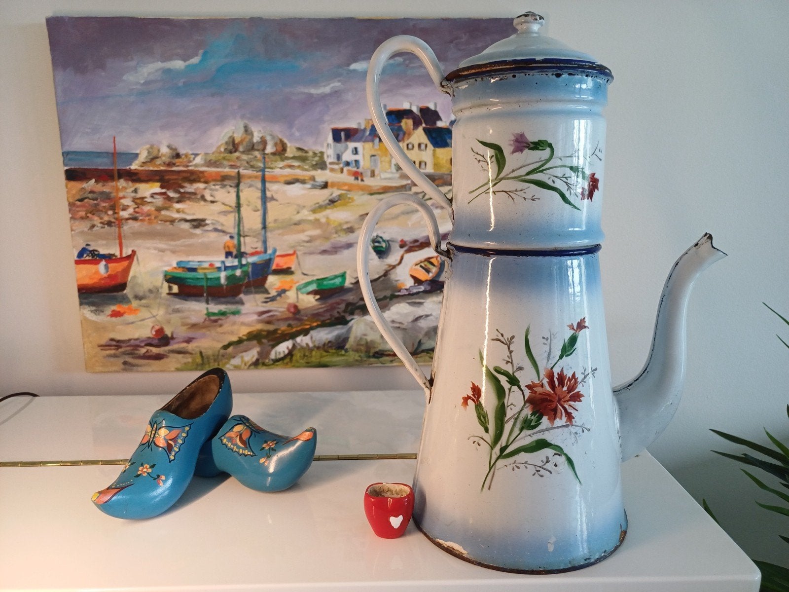 Koffiepot met filter en leuk bloemmotief, Antiek en Kunst, Ophalen of Verzenden