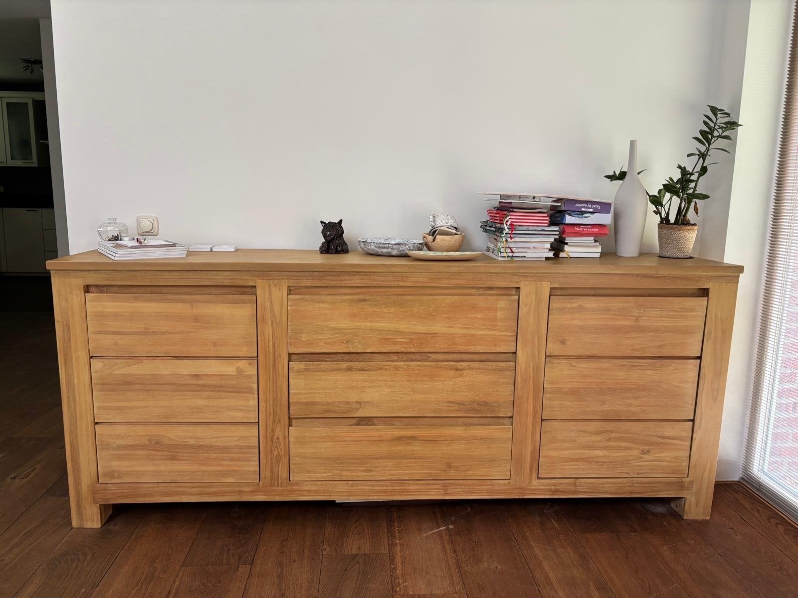 Teakhouten dressoir met 3 lades en 2 deuren, Ophalen, Gebruikt, Teakhout, 200 cm of meer